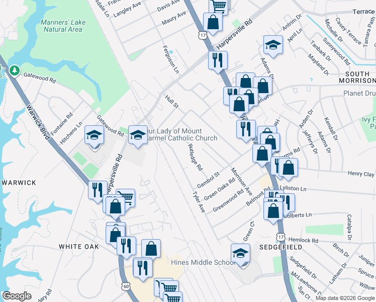 map of restaurants, bars, coffee shops, grocery stores, and more near 9 Rutledge Road in Newport News