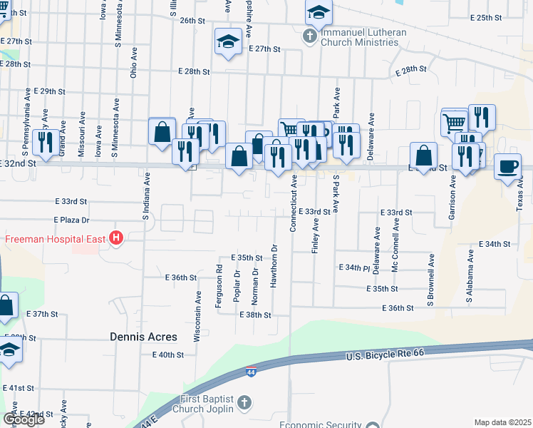 map of restaurants, bars, coffee shops, grocery stores, and more near 1625-1715 East 33rd Street in Joplin