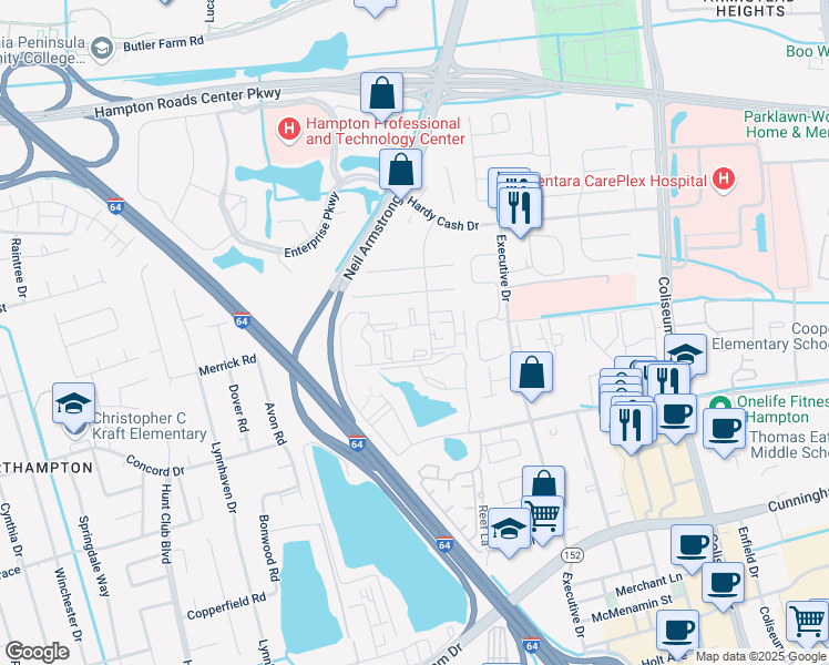 map of restaurants, bars, coffee shops, grocery stores, and more near 37 Haverford Court in Hampton