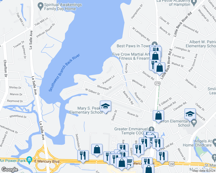 map of restaurants, bars, coffee shops, grocery stores, and more near 324 Shoreline Drive in Hampton