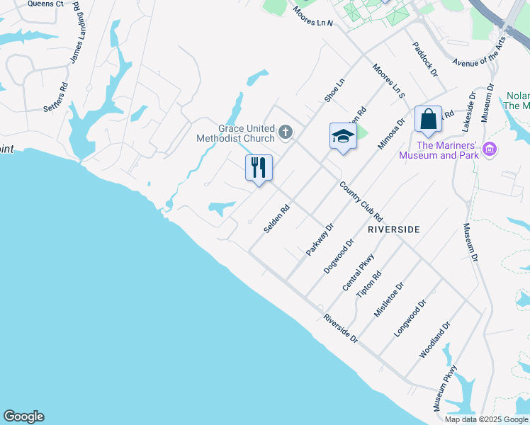 map of restaurants, bars, coffee shops, grocery stores, and more near 10 Sir Francis Wyatt Place in Newport News