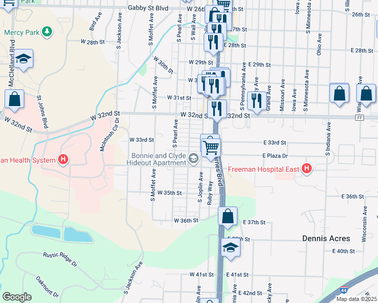 map of restaurants, bars, coffee shops, grocery stores, and more near 3347 Oak Ridge Drive in Joplin