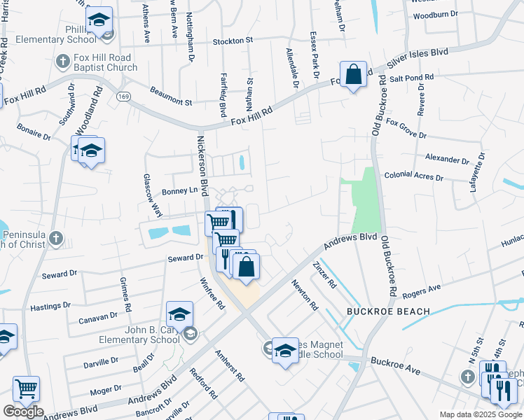 map of restaurants, bars, coffee shops, grocery stores, and more near 29 Manilla Lane in Hampton
