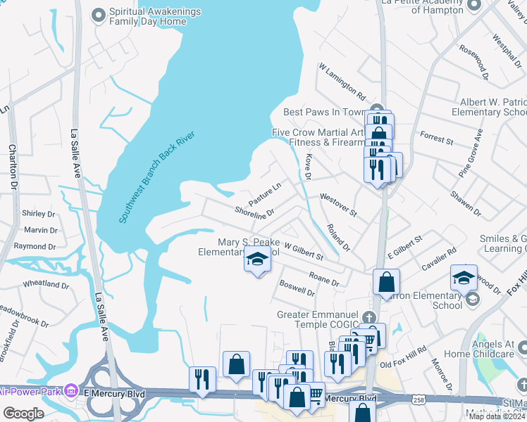 map of restaurants, bars, coffee shops, grocery stores, and more near 324 Shoreline Drive in Hampton