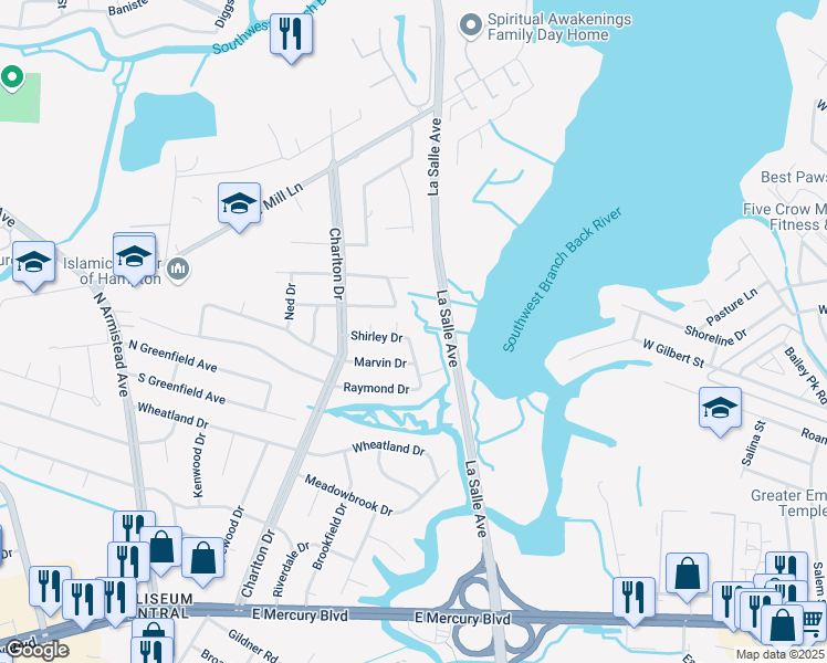 map of restaurants, bars, coffee shops, grocery stores, and more near 16 Overton Drive in Hampton