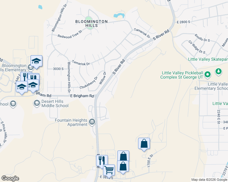 map of restaurants, bars, coffee shops, grocery stores, and more near 3265 South Fossil Hills Drive in St. George