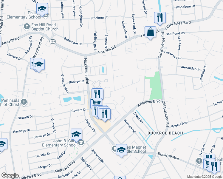 map of restaurants, bars, coffee shops, grocery stores, and more near 29 Manilla Lane in Hampton
