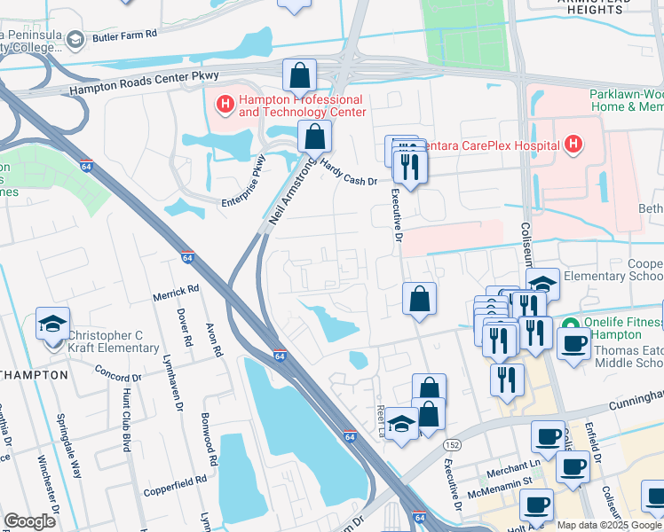 map of restaurants, bars, coffee shops, grocery stores, and more near 11 Haverford Court in Hampton