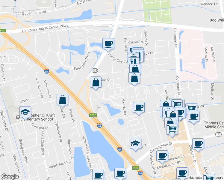 map of restaurants, bars, coffee shops, grocery stores, and more near 11 Haverford Court in Hampton
