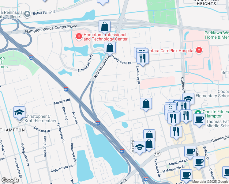 map of restaurants, bars, coffee shops, grocery stores, and more near 25 Haverford Court in Hampton