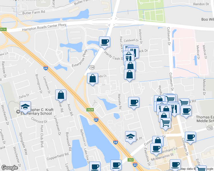 map of restaurants, bars, coffee shops, grocery stores, and more near 25 Haverford Court in Hampton