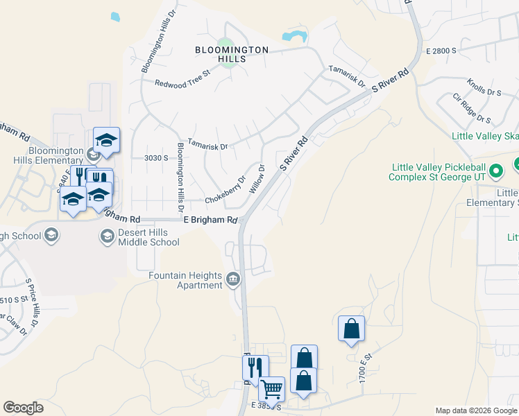 map of restaurants, bars, coffee shops, grocery stores, and more near 1244 Willow Drive in St. George