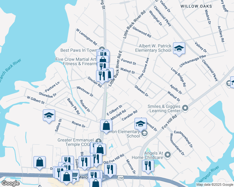 map of restaurants, bars, coffee shops, grocery stores, and more near 40 Riverchase Drive in Hampton