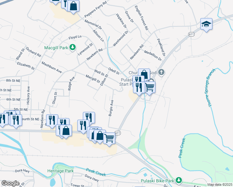 map of restaurants, bars, coffee shops, grocery stores, and more near 724 Burgis Avenue in Pulaski