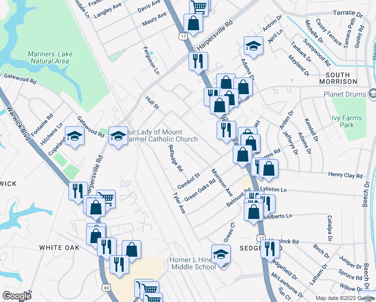 map of restaurants, bars, coffee shops, grocery stores, and more near 40 Morrison Avenue in Newport News