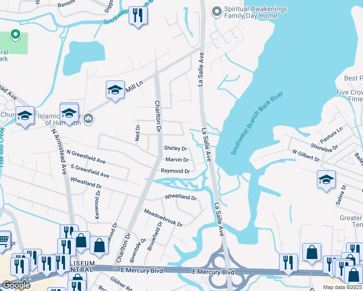 map of restaurants, bars, coffee shops, grocery stores, and more near 6 Shirley Drive in Hampton