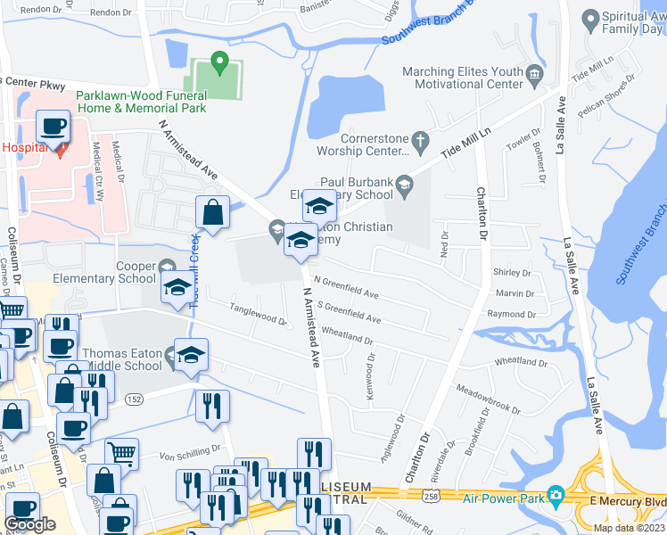 map of restaurants, bars, coffee shops, grocery stores, and more near 147 Raymond Drive in Hampton