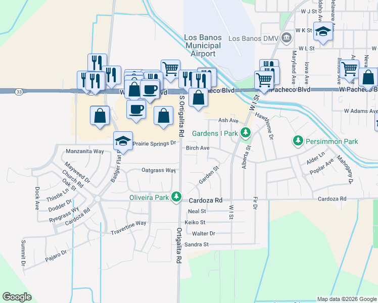 map of restaurants, bars, coffee shops, grocery stores, and more near 908 Lilac Court in Los Banos