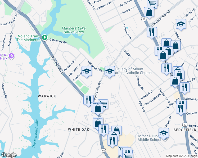map of restaurants, bars, coffee shops, grocery stores, and more near 49 Harpersville Road in Newport News