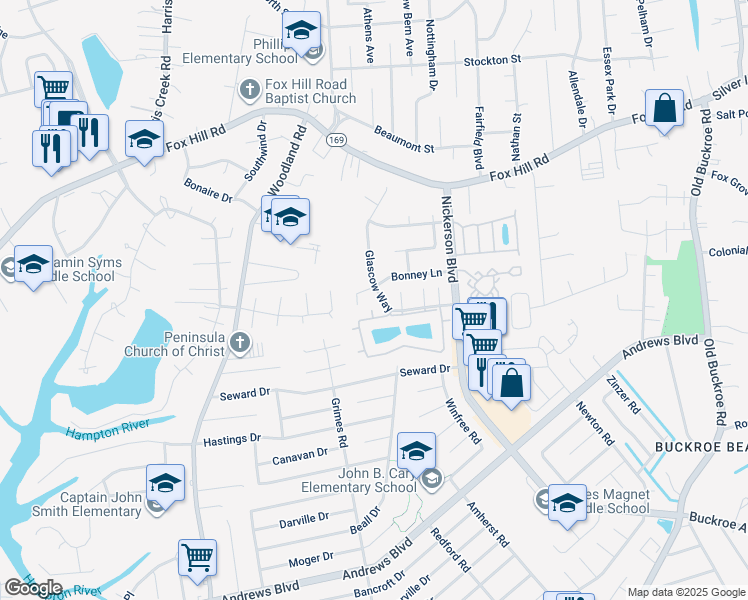 map of restaurants, bars, coffee shops, grocery stores, and more near 91 Glascow Way in Hampton
