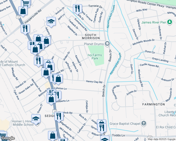 map of restaurants, bars, coffee shops, grocery stores, and more near 114 Basswood Drive in Newport News