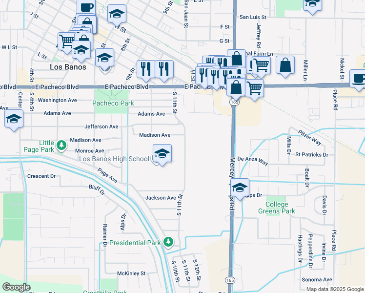 map of restaurants, bars, coffee shops, grocery stores, and more near 1717 South 11th Street in Los Banos