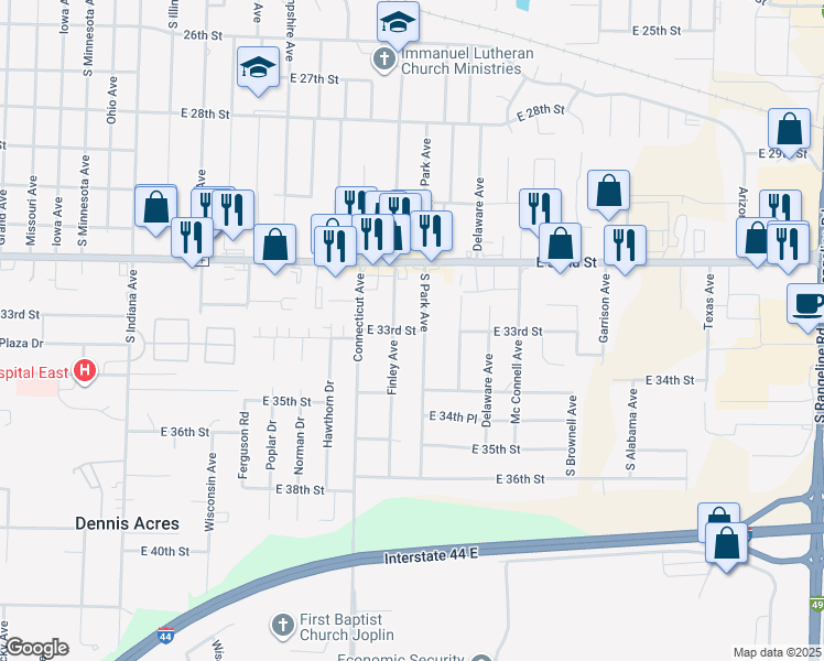 map of restaurants, bars, coffee shops, grocery stores, and more near 3228-3300 South Park Avenue in Joplin