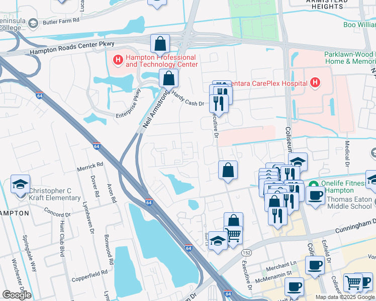 map of restaurants, bars, coffee shops, grocery stores, and more near 152 Pacific Drive in Hampton