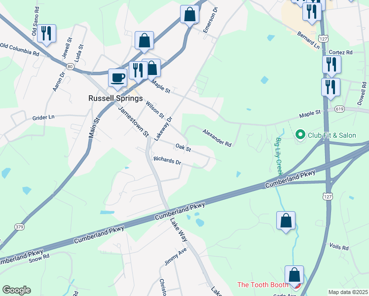 map of restaurants, bars, coffee shops, grocery stores, and more near Holder Drive in Russell Springs