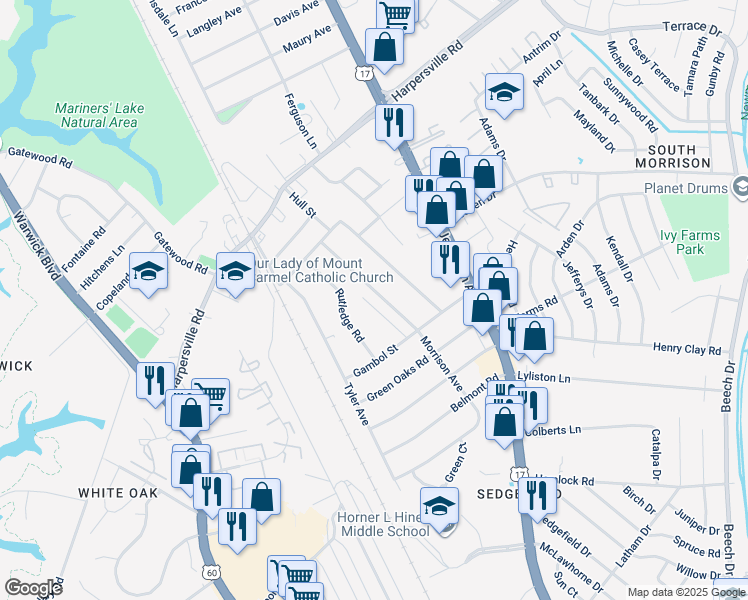 map of restaurants, bars, coffee shops, grocery stores, and more near 40 Morrison Avenue in Newport News