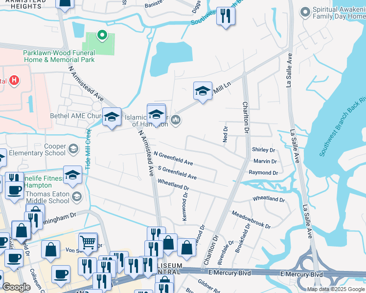 map of restaurants, bars, coffee shops, grocery stores, and more near 142 Marvin Drive in Hampton