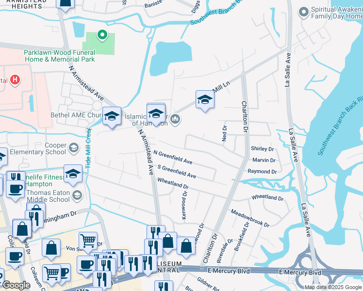 map of restaurants, bars, coffee shops, grocery stores, and more near 142 Marvin Drive in Hampton