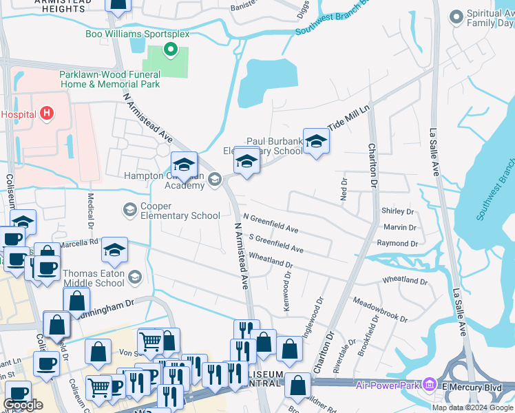 map of restaurants, bars, coffee shops, grocery stores, and more near 147 Raymond Drive in Hampton