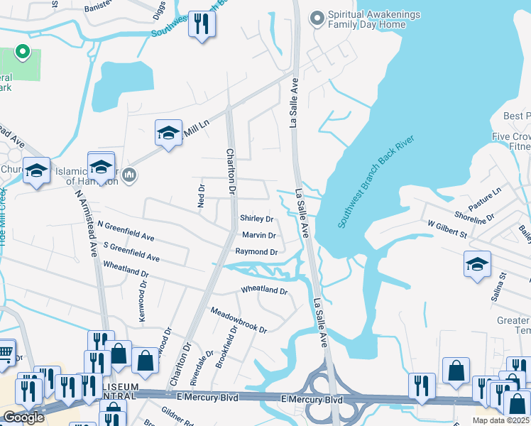 map of restaurants, bars, coffee shops, grocery stores, and more near 6 Shirley Drive in Hampton