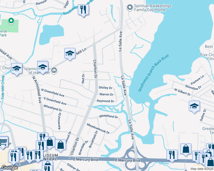 map of restaurants, bars, coffee shops, grocery stores, and more near 8 Shirley Drive in Hampton