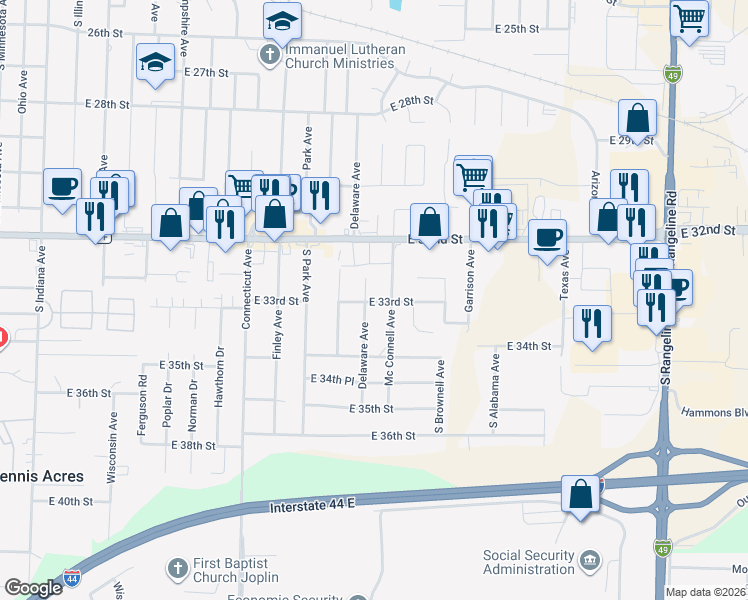 map of restaurants, bars, coffee shops, grocery stores, and more near 2001 East 33rd Street in Joplin