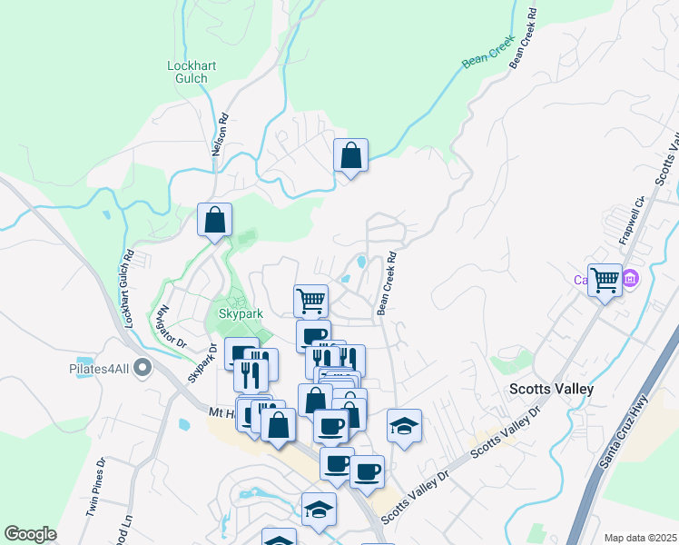 map of restaurants, bars, coffee shops, grocery stores, and more near 552 Bean Creek Road in Scotts Valley