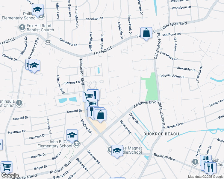 map of restaurants, bars, coffee shops, grocery stores, and more near 45 Eagles Landing in Hampton