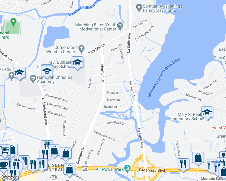 map of restaurants, bars, coffee shops, grocery stores, and more near 2 Jameson Avenue in Hampton