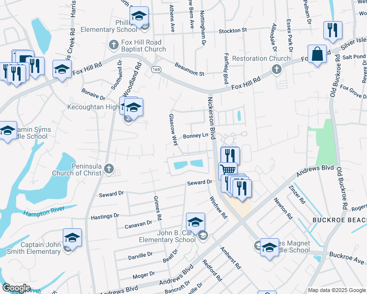 map of restaurants, bars, coffee shops, grocery stores, and more near 72 Glascow Way in Hampton