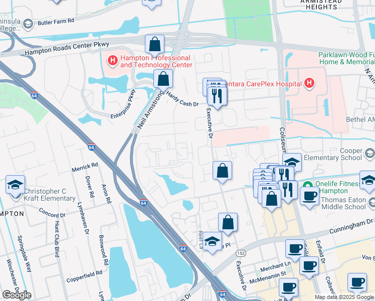 map of restaurants, bars, coffee shops, grocery stores, and more near Pacific Drive in Hampton