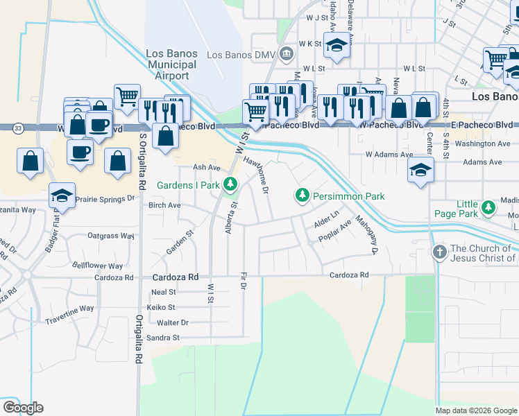 map of restaurants, bars, coffee shops, grocery stores, and more near 1578 Hawthorne Drive in Los Banos