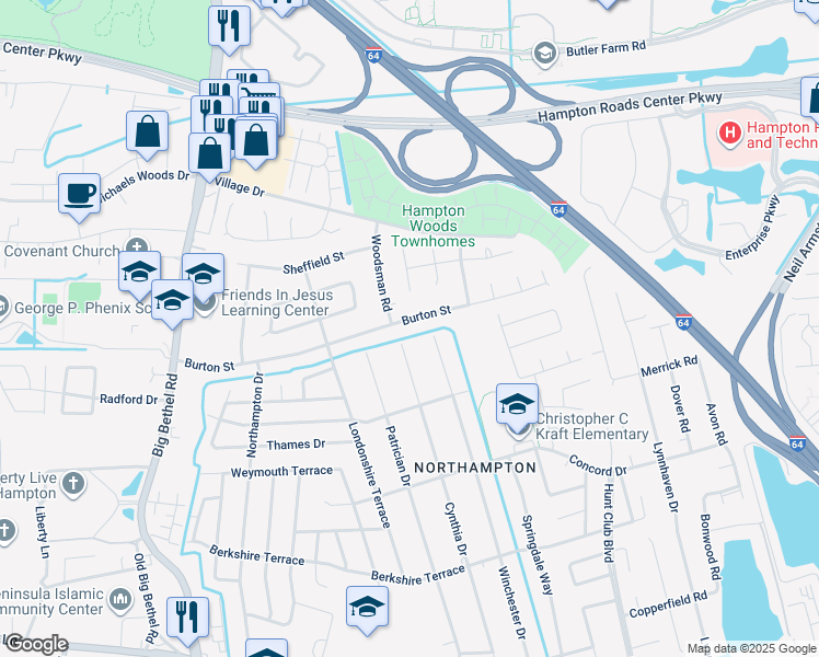 map of restaurants, bars, coffee shops, grocery stores, and more near 621 Burton Street in Hampton