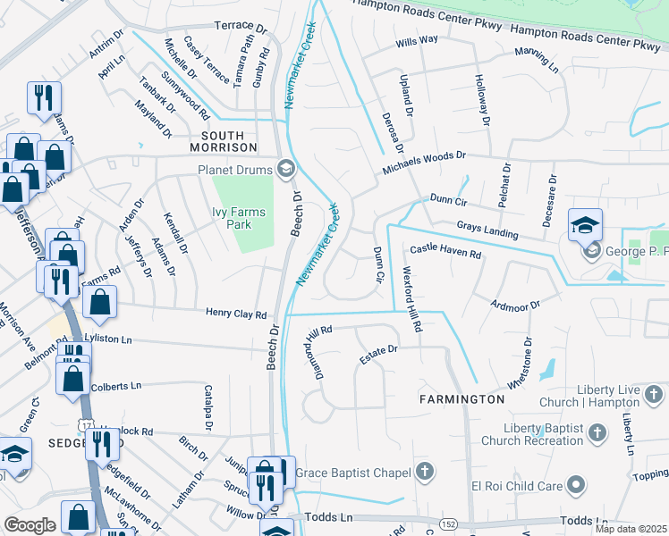 map of restaurants, bars, coffee shops, grocery stores, and more near 308 Dunn Circle in Hampton