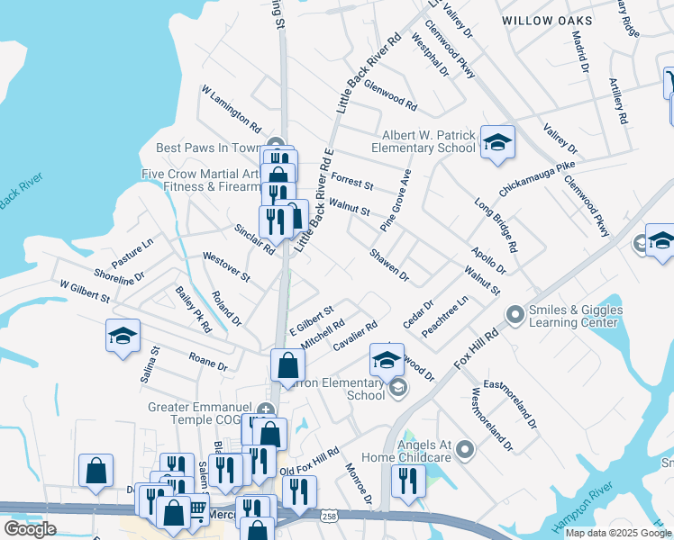 map of restaurants, bars, coffee shops, grocery stores, and more near 44 Riverchase Drive in Hampton