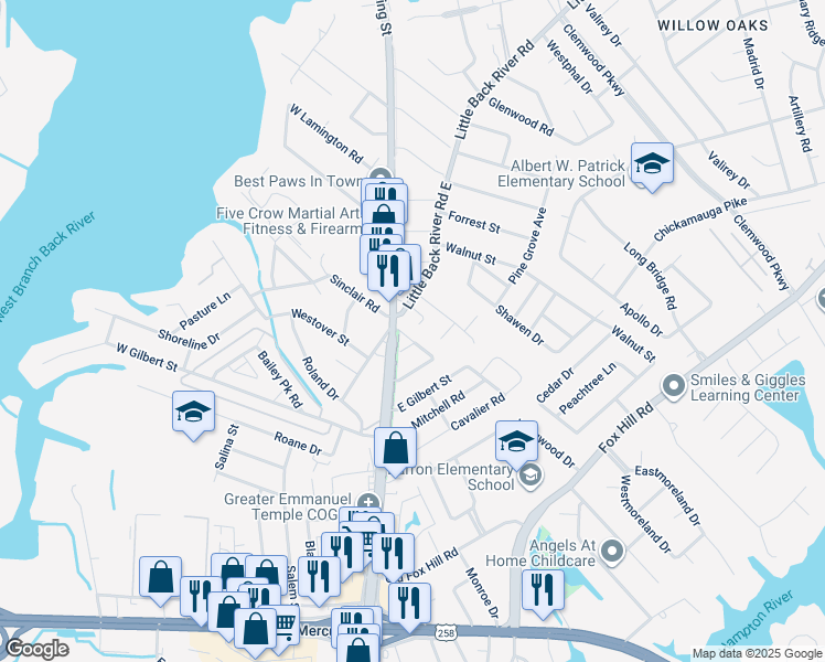 map of restaurants, bars, coffee shops, grocery stores, and more near 36 Mac Alva Drive in Hampton