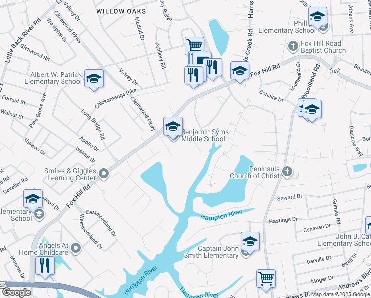 map of restaurants, bars, coffee shops, grocery stores, and more near 170 Fox Hill Road in Hampton