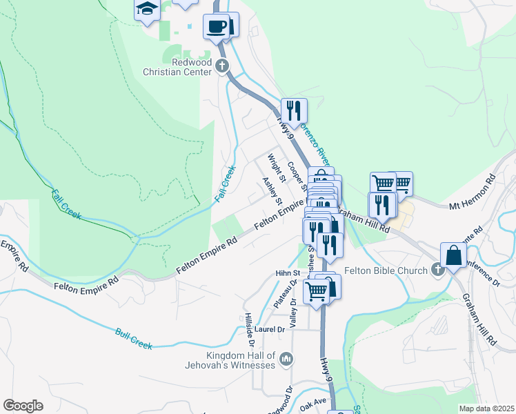 map of restaurants, bars, coffee shops, grocery stores, and more near 325 Blair Street in Felton