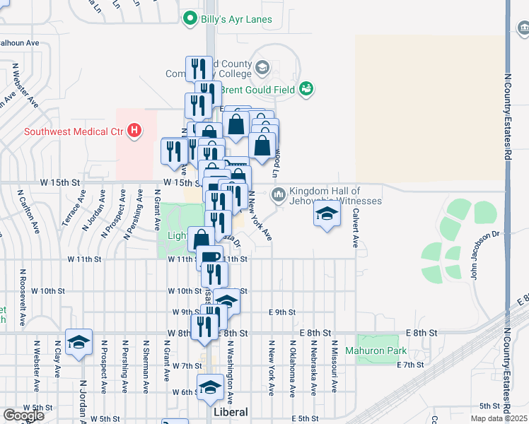 map of restaurants, bars, coffee shops, grocery stores, and more near 1401 North New York Avenue in Liberal