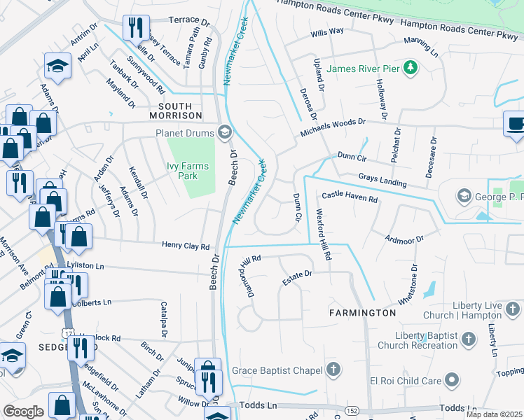 map of restaurants, bars, coffee shops, grocery stores, and more near 308 Dunn Circle in Hampton